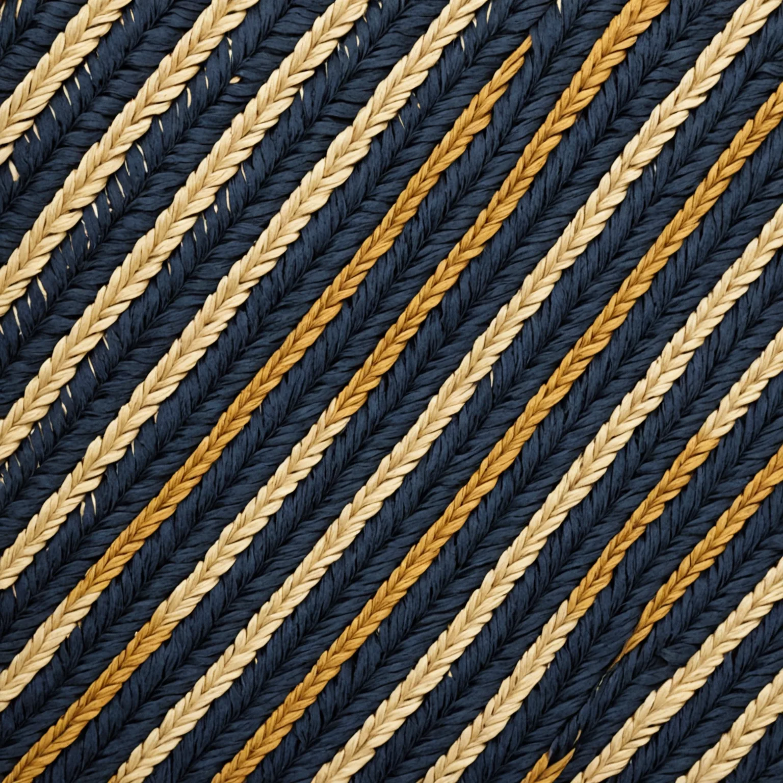 Diagonal striped weave in navy, cream, and gold palmyrah fiber showing tight, regular hand-loomed texture.