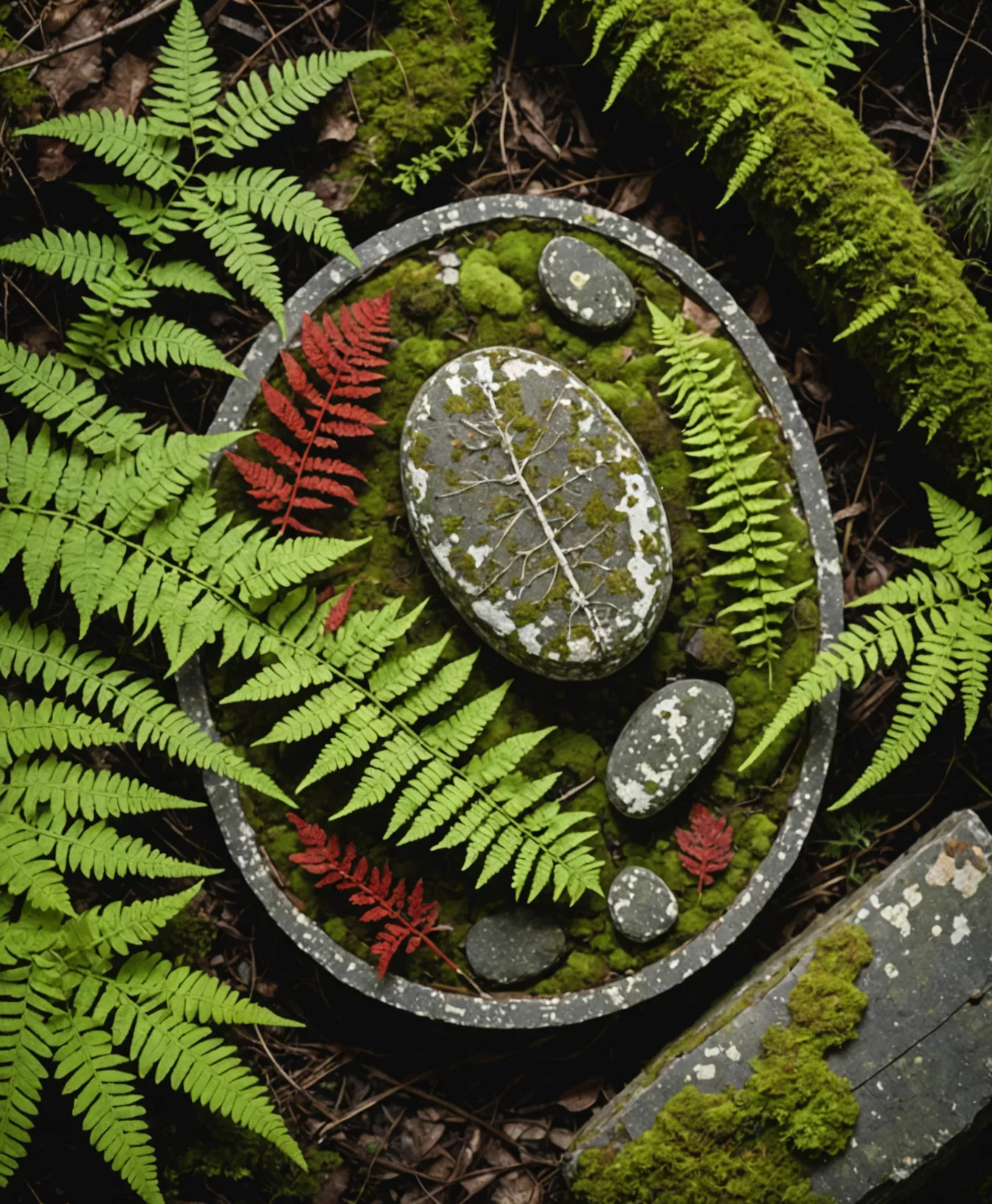 Stone spiral with ferns and moss on forest floor, viewed from above.