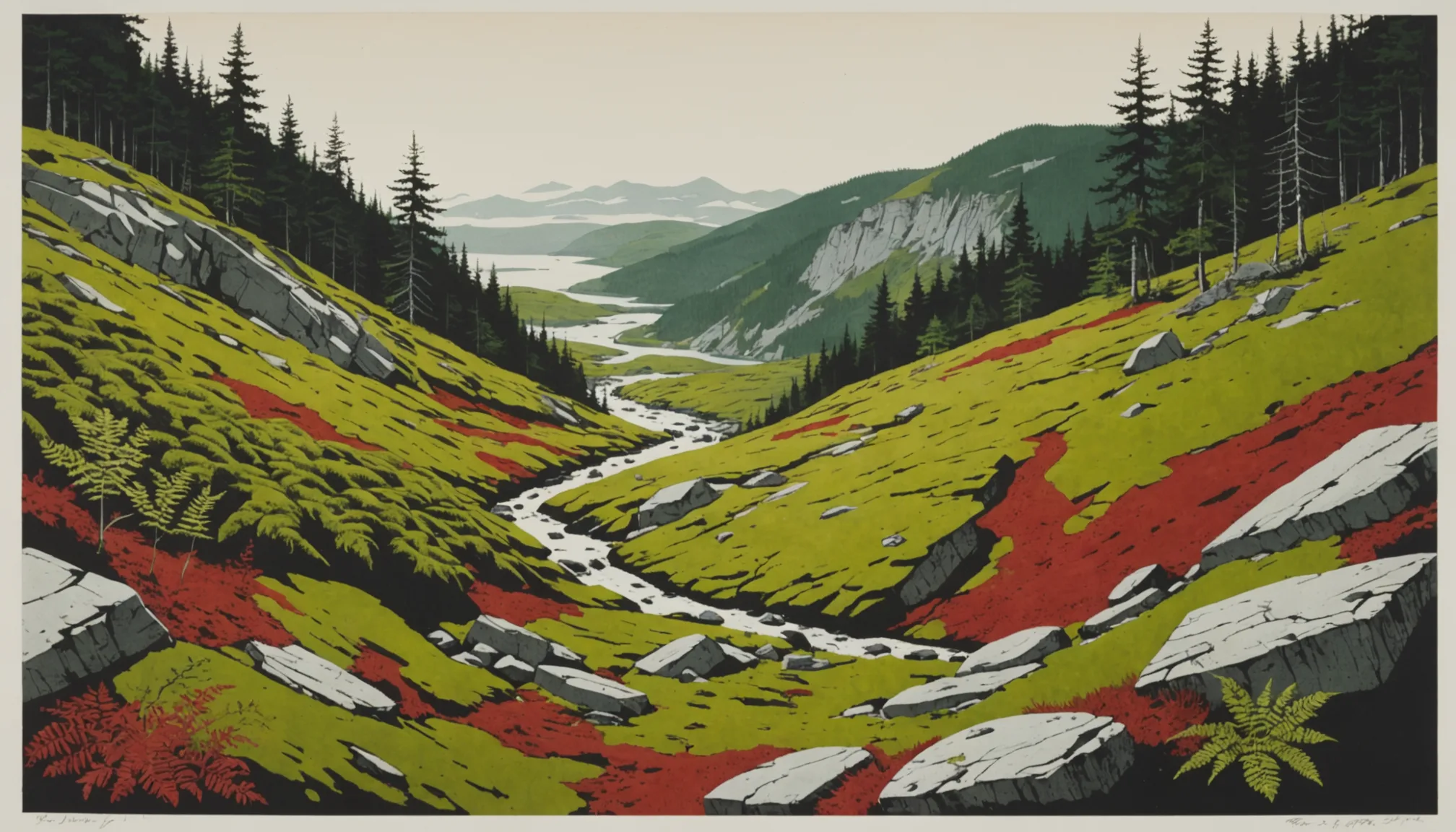 Illustrated mountain valley with green hills, red and white graphic elements, coniferous forest, and distant river.