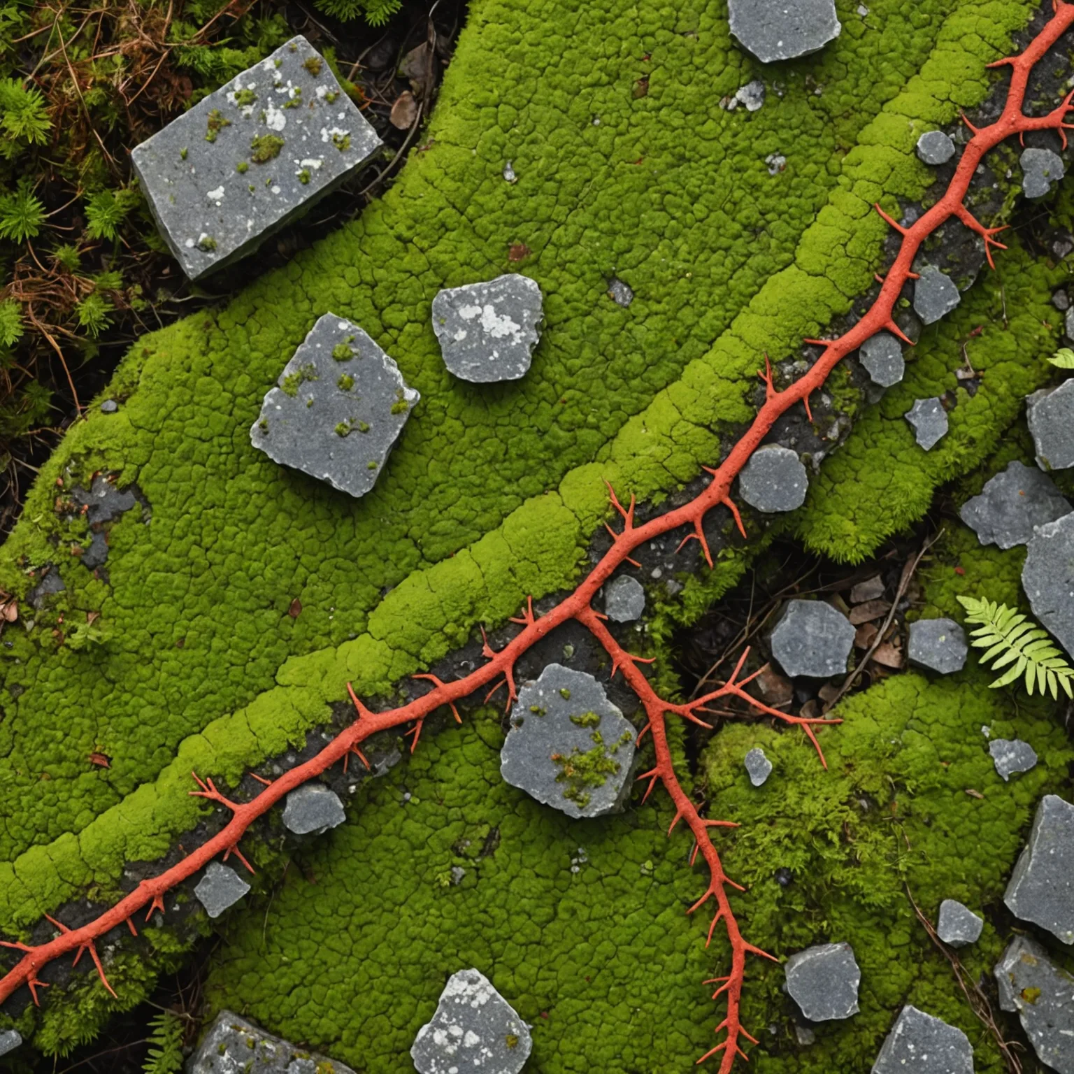 Aerial view of bright green moss forest floor with grey rocks and a vivid red root running diagonally across it.