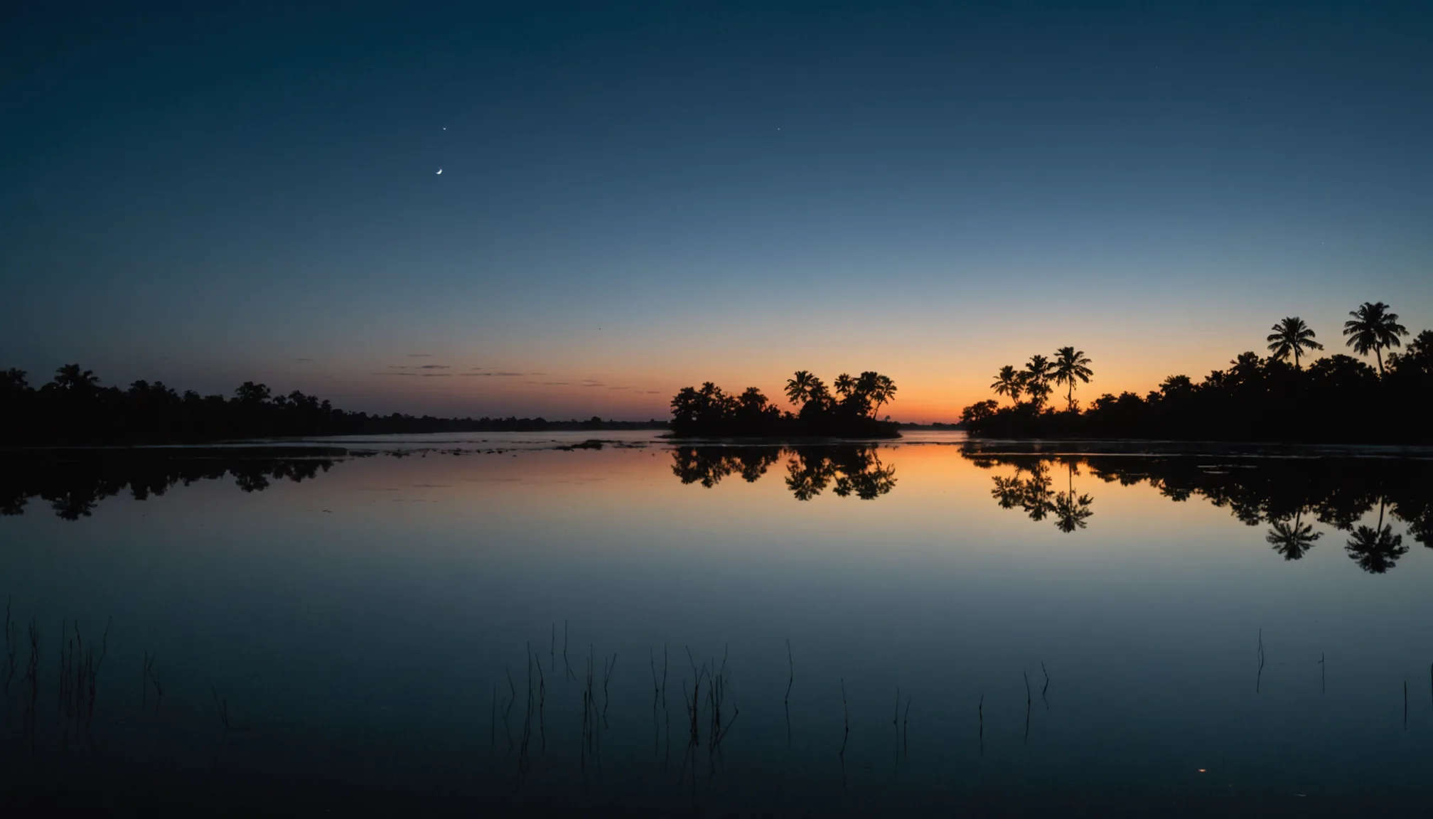 Silhouetted palm trees reflected in still lagoon water at sunrise or sunset, gradient sky from blue to orange.