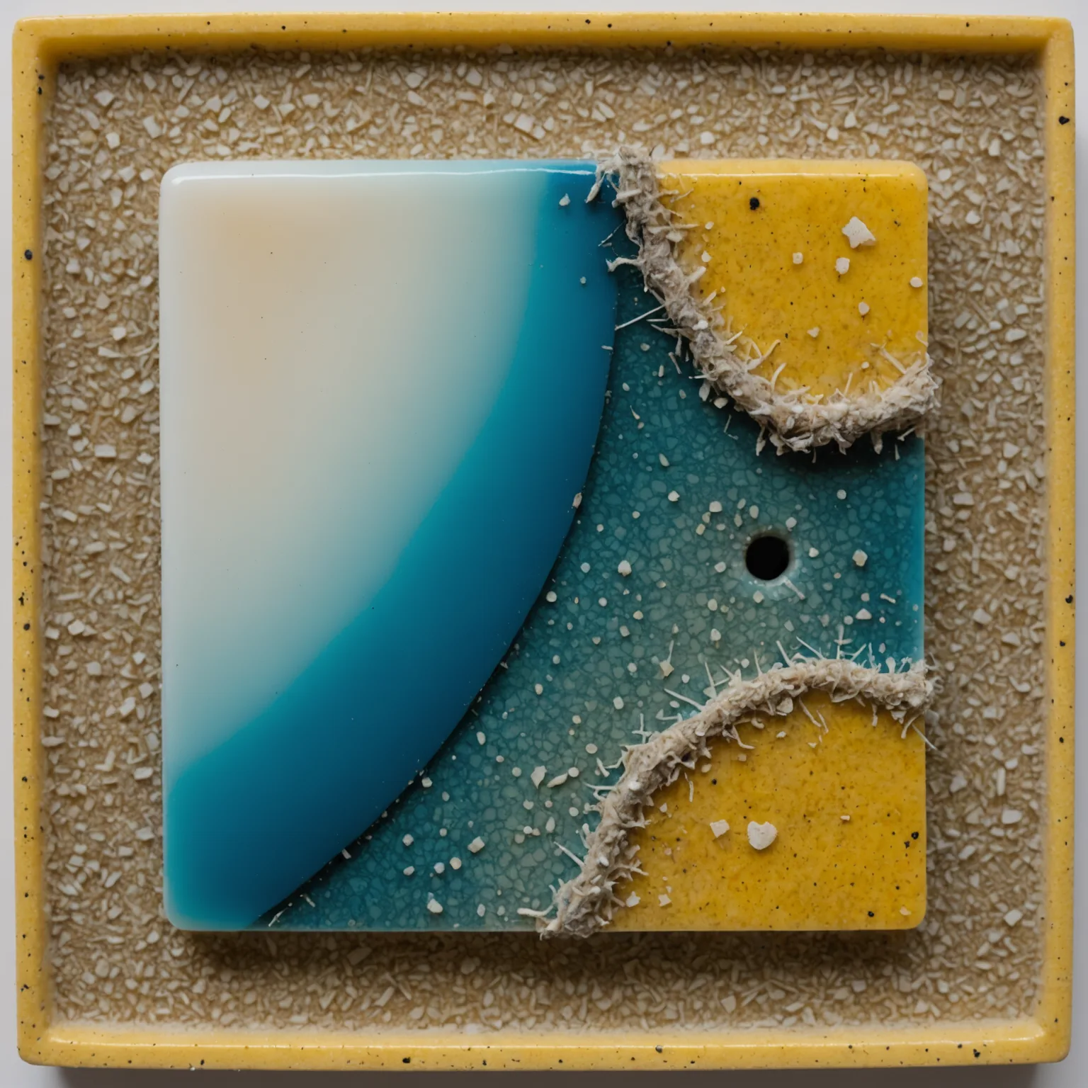 Three damaged surfboard samples in a yellow tray showing delamination, dings, and repair work examples.