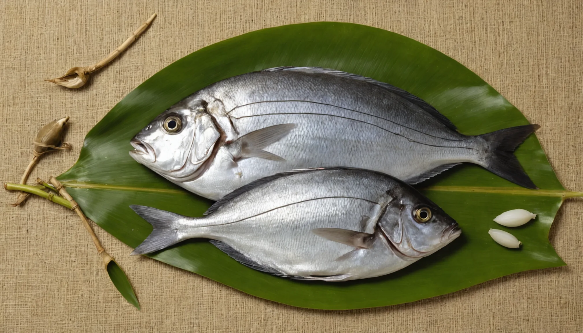 Two whole silver fish on a green banana leaf with herbs, overhead view on linen background.