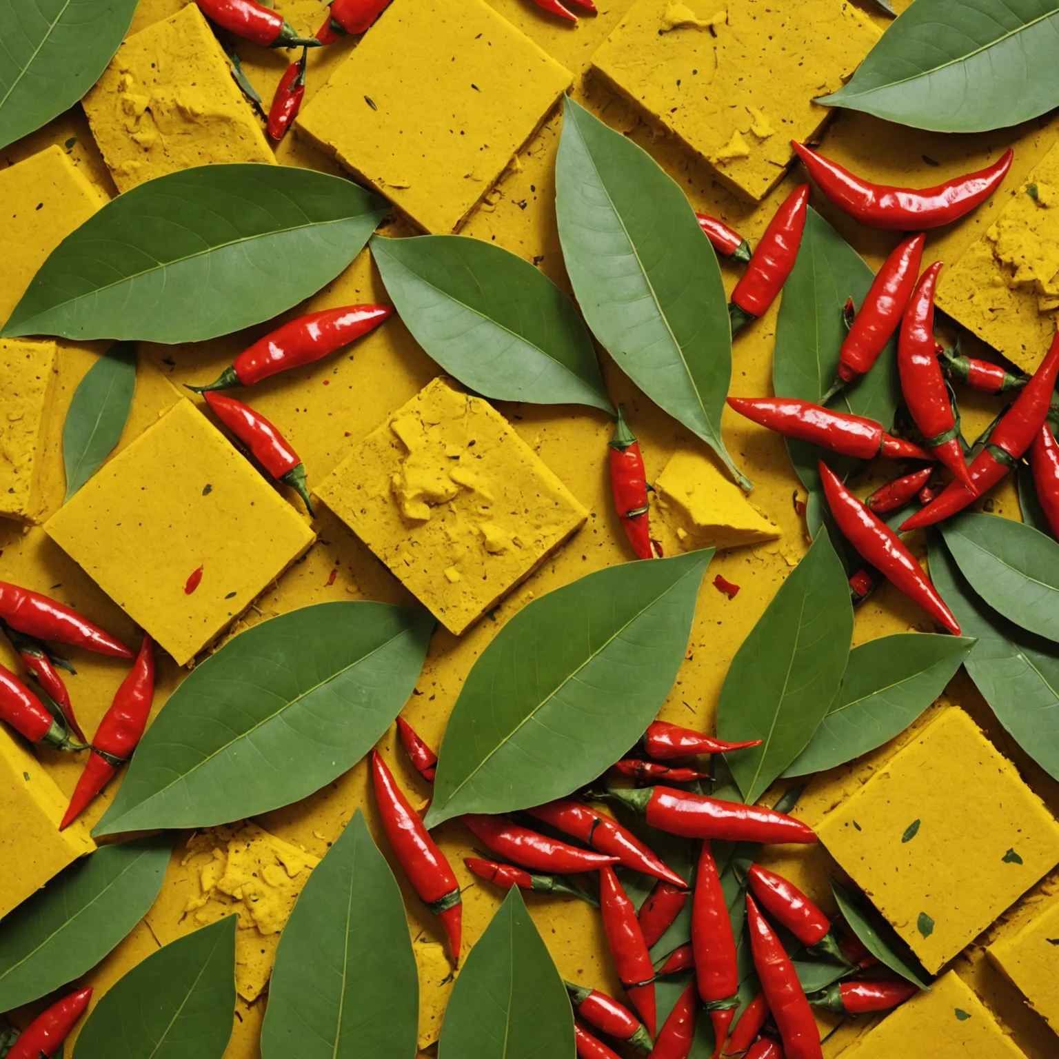 Red chillies and green curry leaves arranged on bright yellow turmeric powder