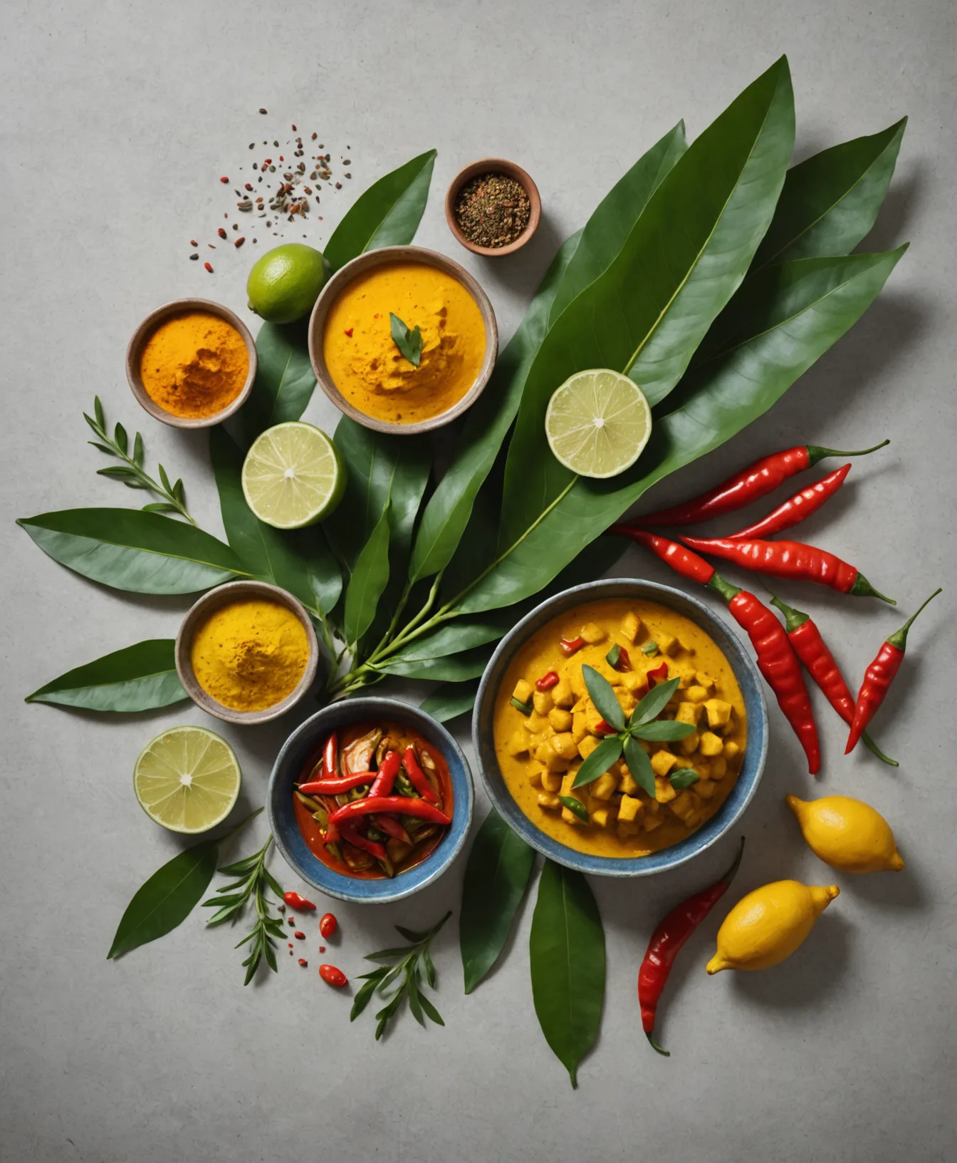 Overhead view of three bowls of golden curry with chickpeas, surrounded by fresh limes, red chillies, green curry leaves, and spices on grey background.