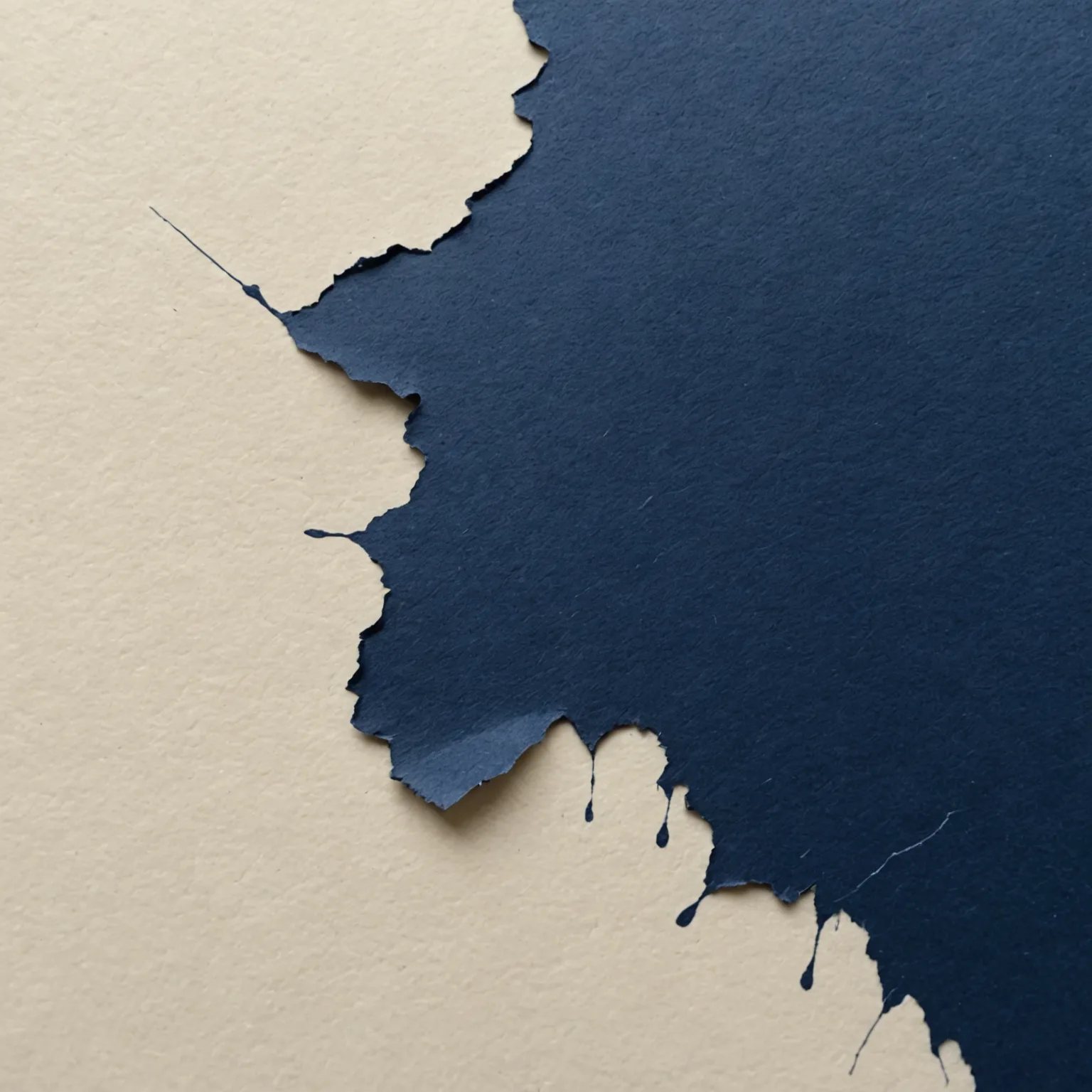 Cream and navy blue paper sheets meeting at a torn, irregular edge against a neutral background.
