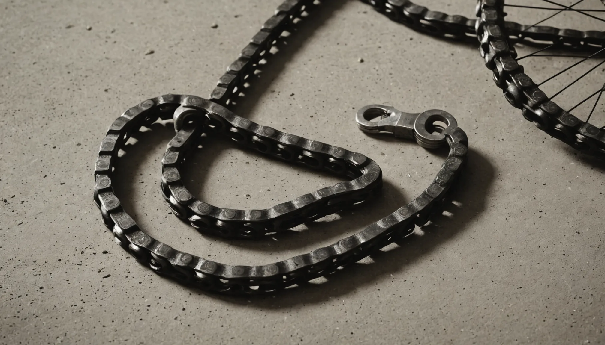 A bicycle chain with quick-link connector coiled on concrete, photographed from above.