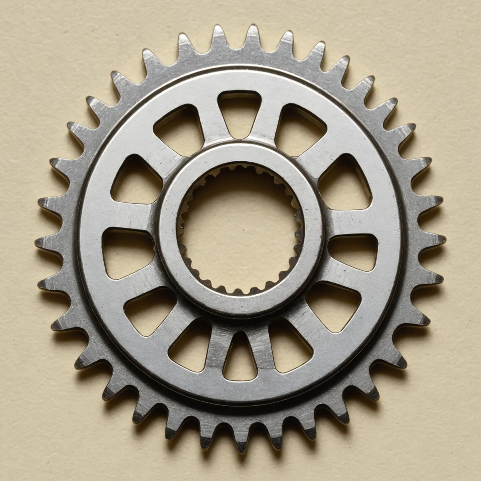 Steel bicycle chainring with outer teeth and inner cutout holes, centered on beige background.