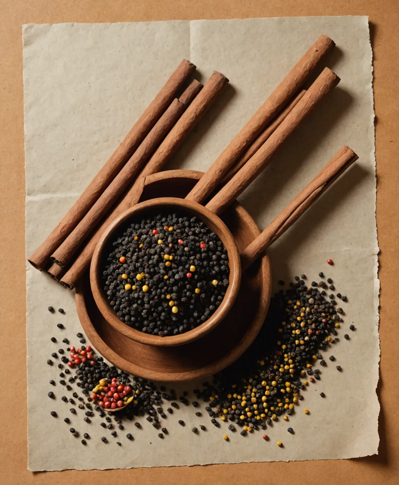 Wooden mortar filled with black peppercorns, surrounded by cinnamon sticks and scattered mustard seeds on cream paper.