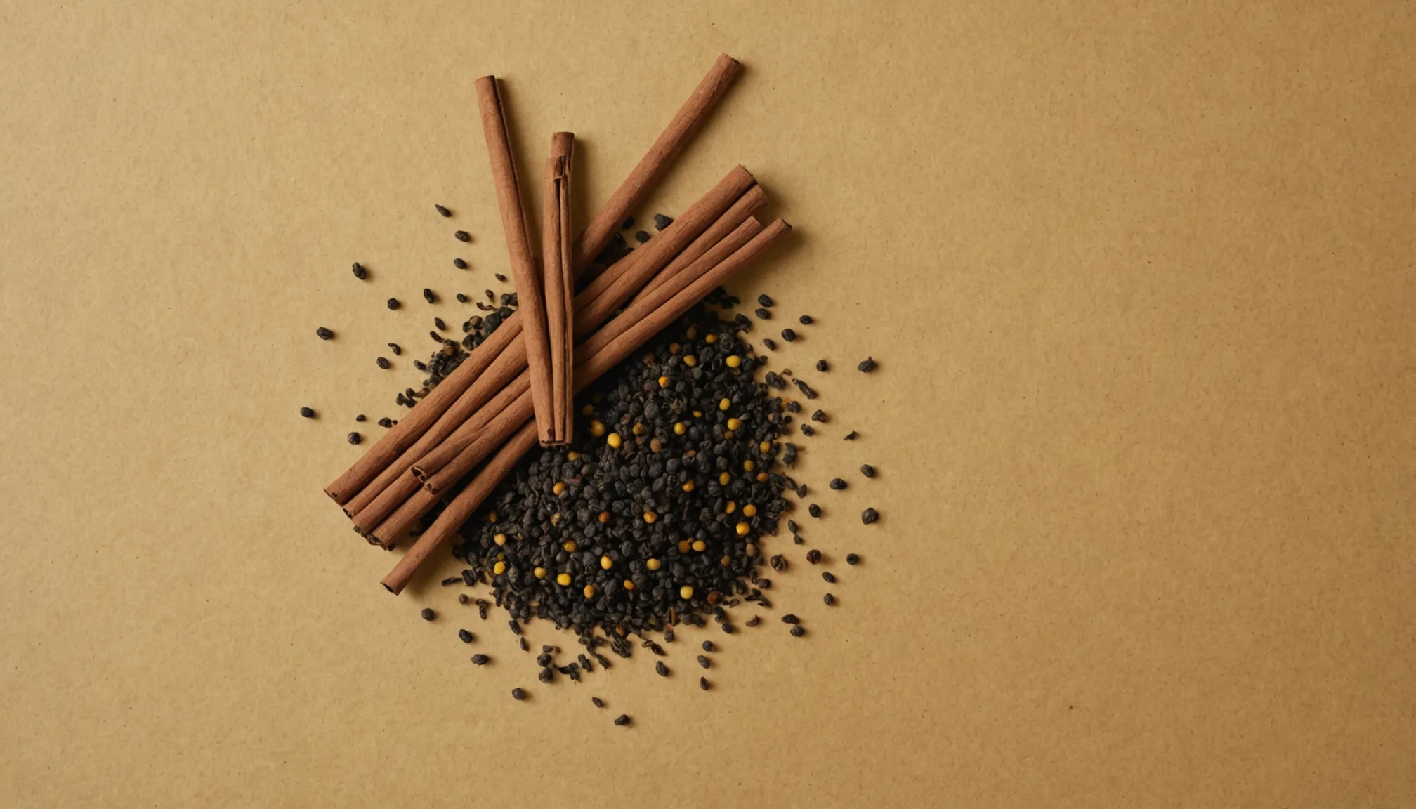 Cinnamon sticks tied together next to scattered black cardamom pods on a beige surface.