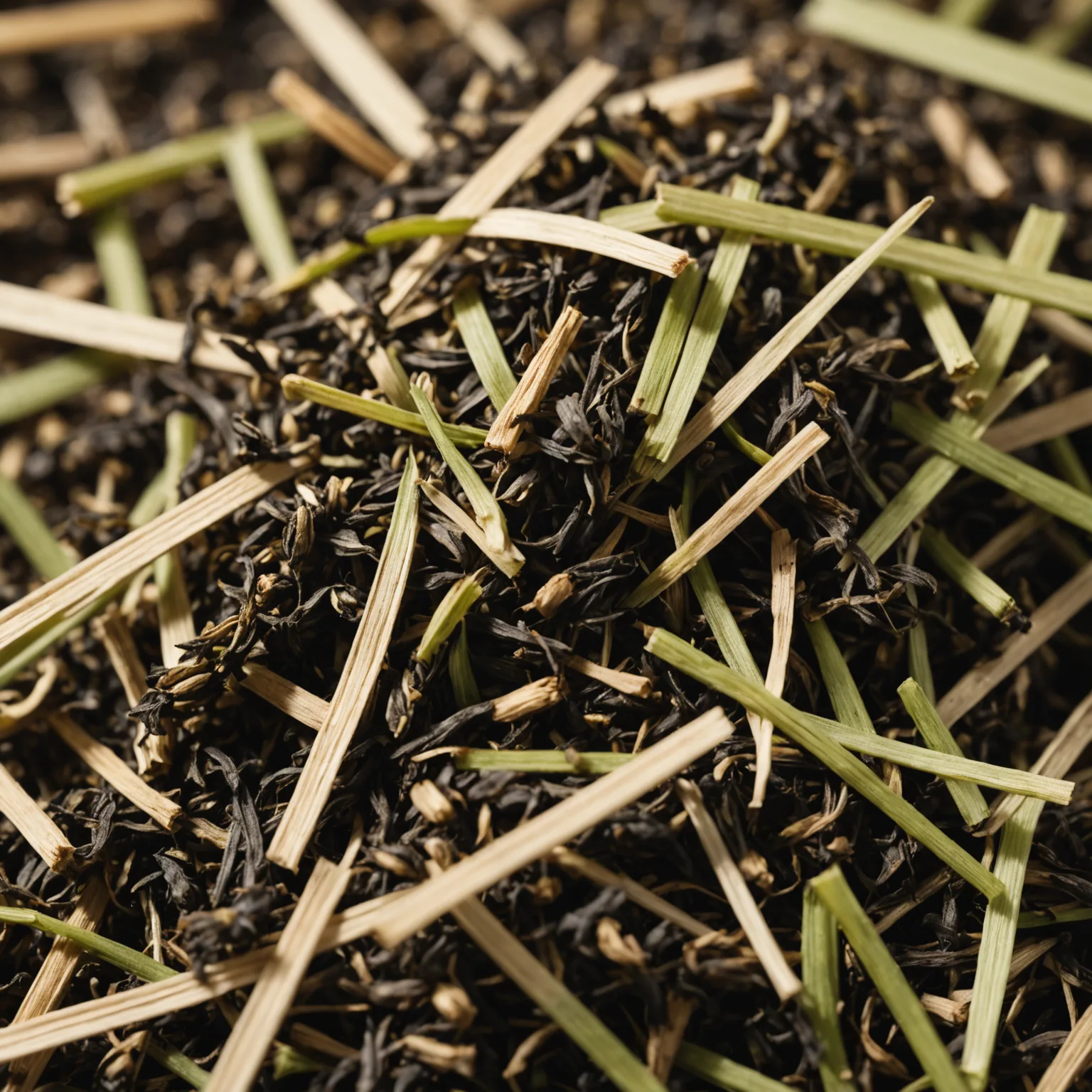 Close-up of a tea blend with dark leaves and pale green botanical stems mixed together.