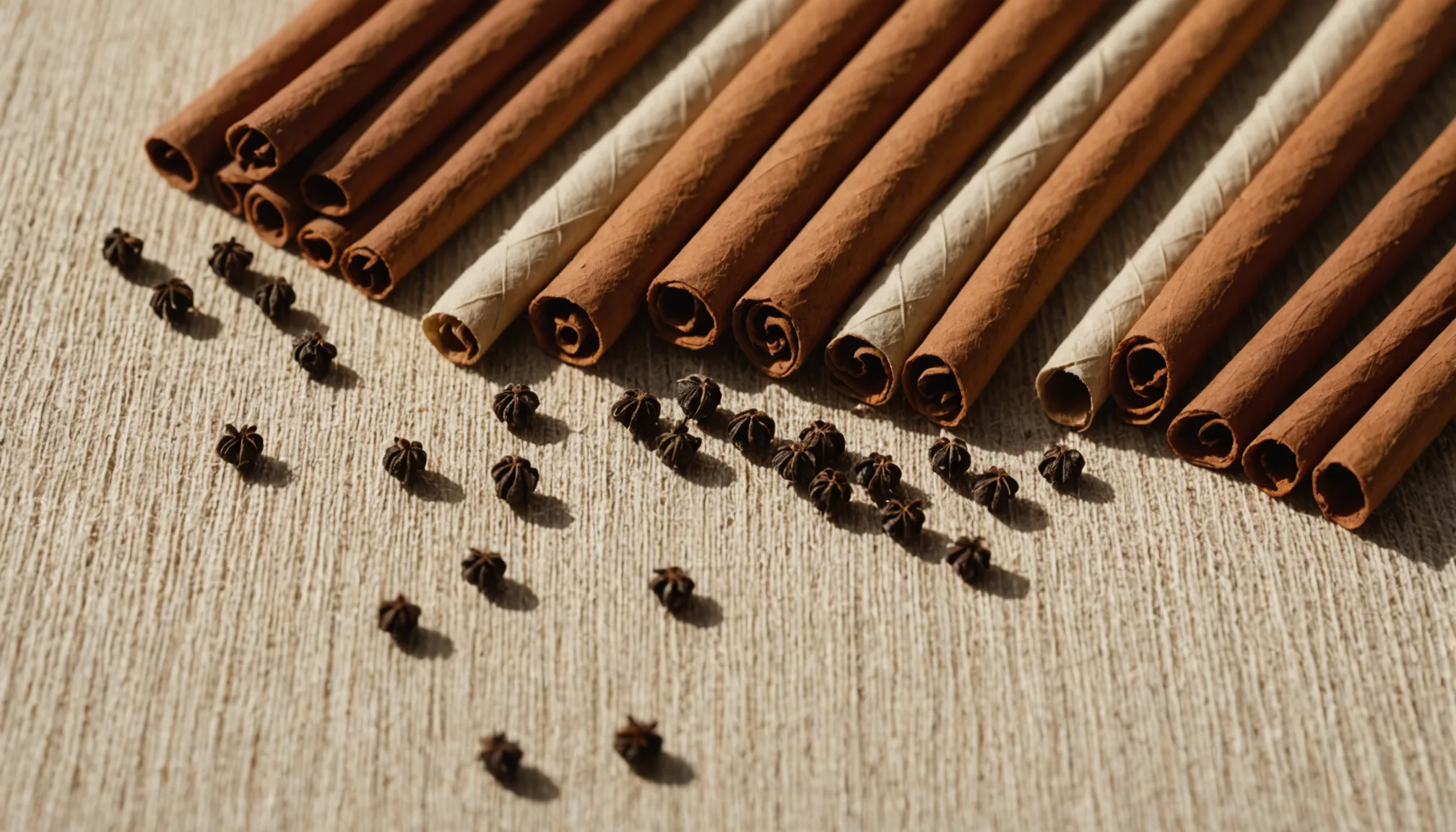 Dried cinnamon quills and black peppercorns arranged loosely on unbleached cotton cloth in warm raking sidelight, with open space to the right of the frame.